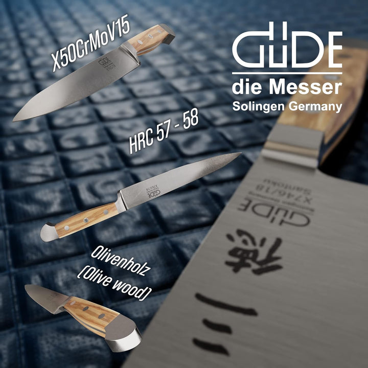 GÜDE Solingen - Filiermesser geschmiedet, 18 cm, Olivenholz, ALPHA OLIVE, Doppelkropf, Handmade Germ