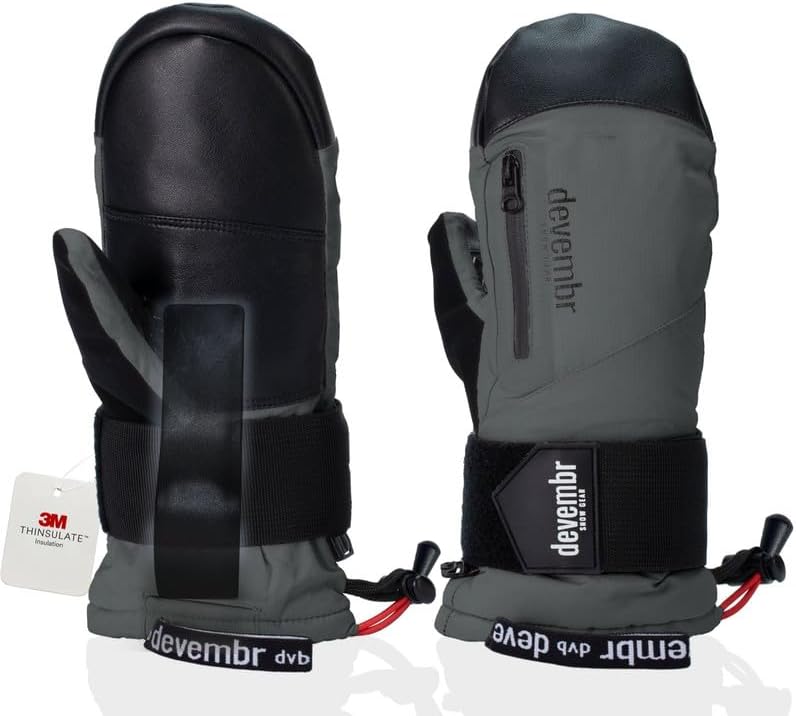 devembr Ski-Fäustlinge mit Handgelenkschützern, Warme Snowboard-Fäustlinge, Wasserdicht (S/M/L) Grau