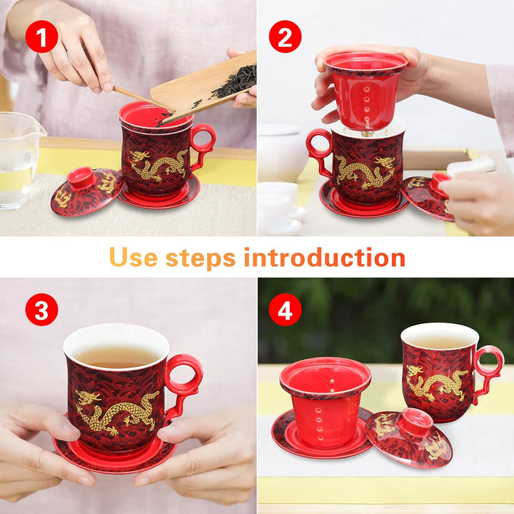 YURROAD Teetasse Mit Teesieb Deckel Und Untertasse Chinesisches Drachenmuster Aus Chinesischem Porze