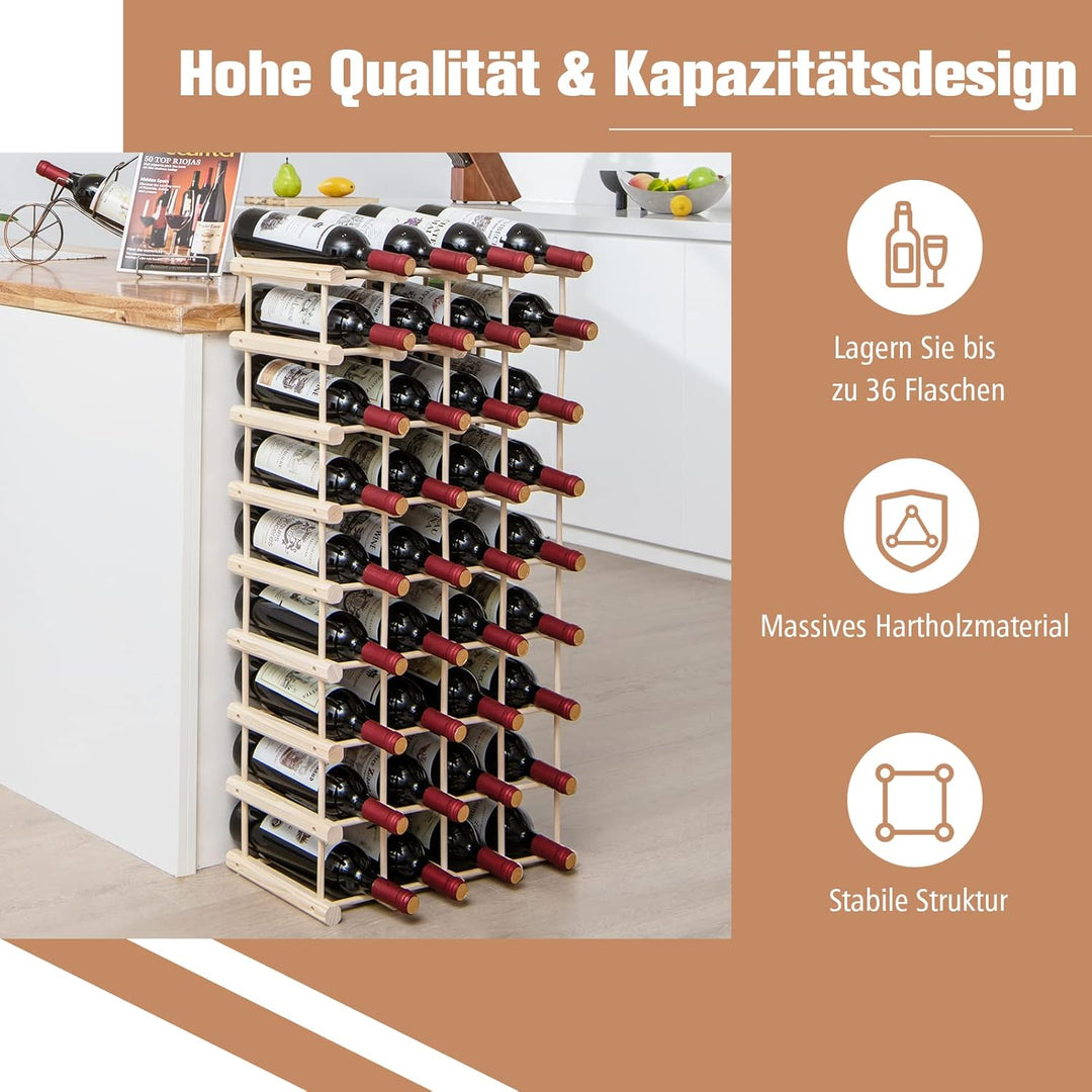 COSTWAY Weinregal Holz, Flaschenständer für 36 Flaschen, Weinständer frei kombinierbar, Flaschenhalt