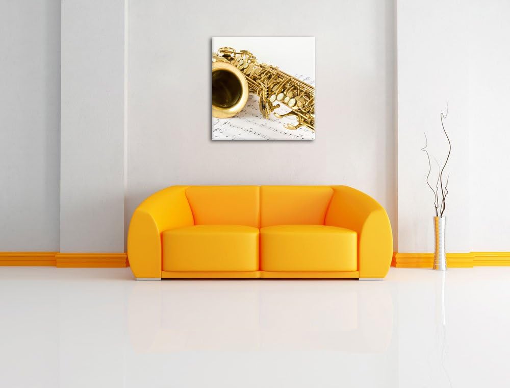 Saxophon auf Notenpapier, Format: 70x70 auf Leinwand, XXL riesige Bilder fertig gerahmt mit Keilrahm