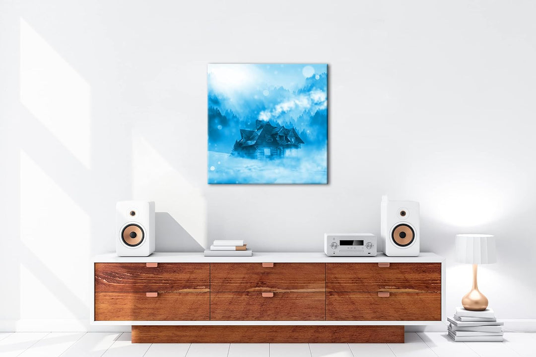 deyoli verschneite Berghütte Format: 70x70 Effekt: Monocrome Blau als Leinwand, Motiv fertig gerahmt