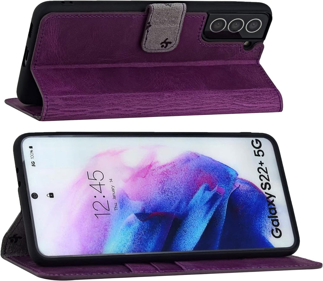 Suncase Book-Style Hülle kompatibel mit Samsung Galaxy S22 Plus 5G Leder Tasche (Slim-Fit) Lederhüll