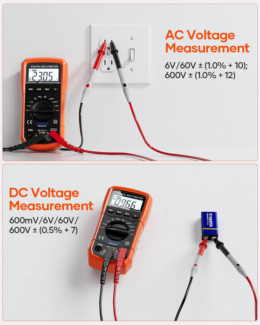 Crenova MS8233D Multimeter DC AC Voltmeter Ohm Volt Amp Tester für Spannung Strom Widerstand Kapazit