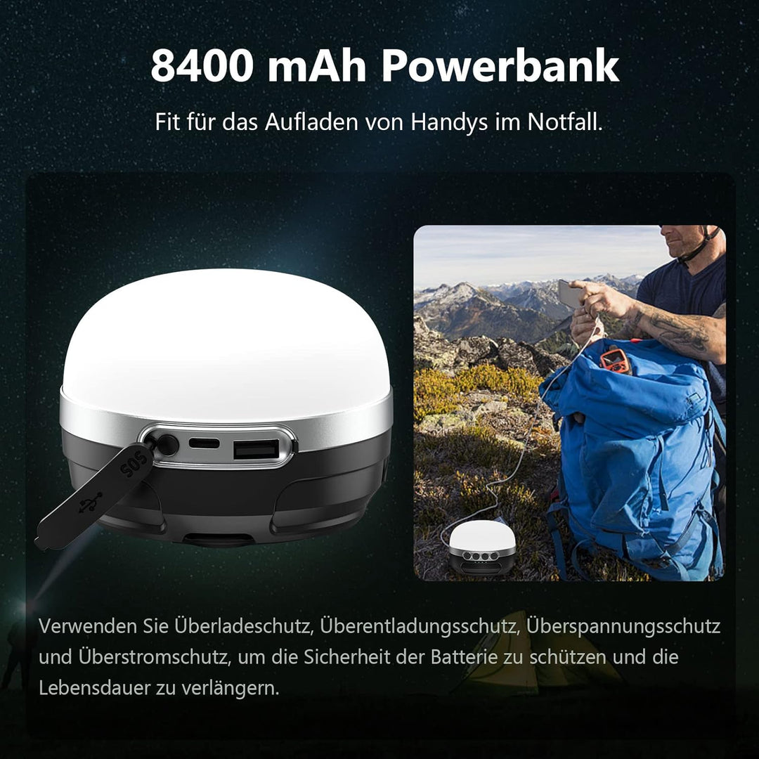 LED Campinglampe RGB Farbwechsel, 8400mAh akku Camping Laterne mit USB C Aufladbar, 5 Lichtmodi, Stu
