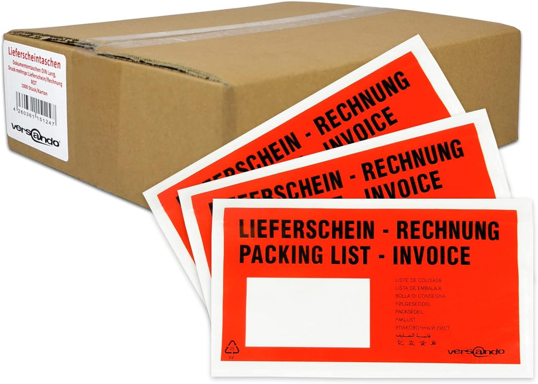 versando basics 1000 Lieferscheintaschen selbstklebend DIN lang rot/schwarz bedruckt: "Lieferschein/