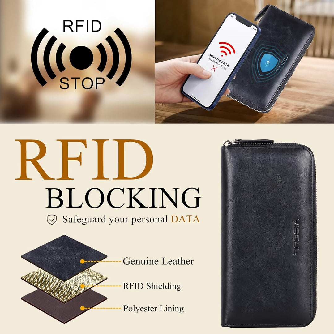 VISOUL Premium Brieftasche Echtleder/Italienisches Leder mit RFID-Schutz, XXL Geldbörse Schwarz L02,