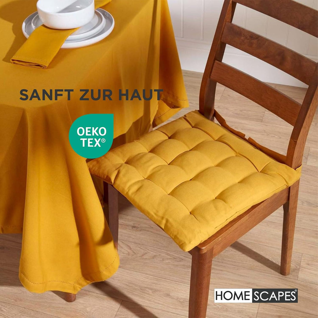 Homescapes 6er Set Stuhlkissen 40 x 40 cm, senfgelb, Sitzkissen mit Bändern und Knopfverschluss, ein