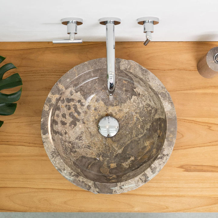 WOHNFREUDEN Marmor Waschbecken grau rund 40 cm - Aufsatz-Hand-Waschbecken Naturstein-Waschschale