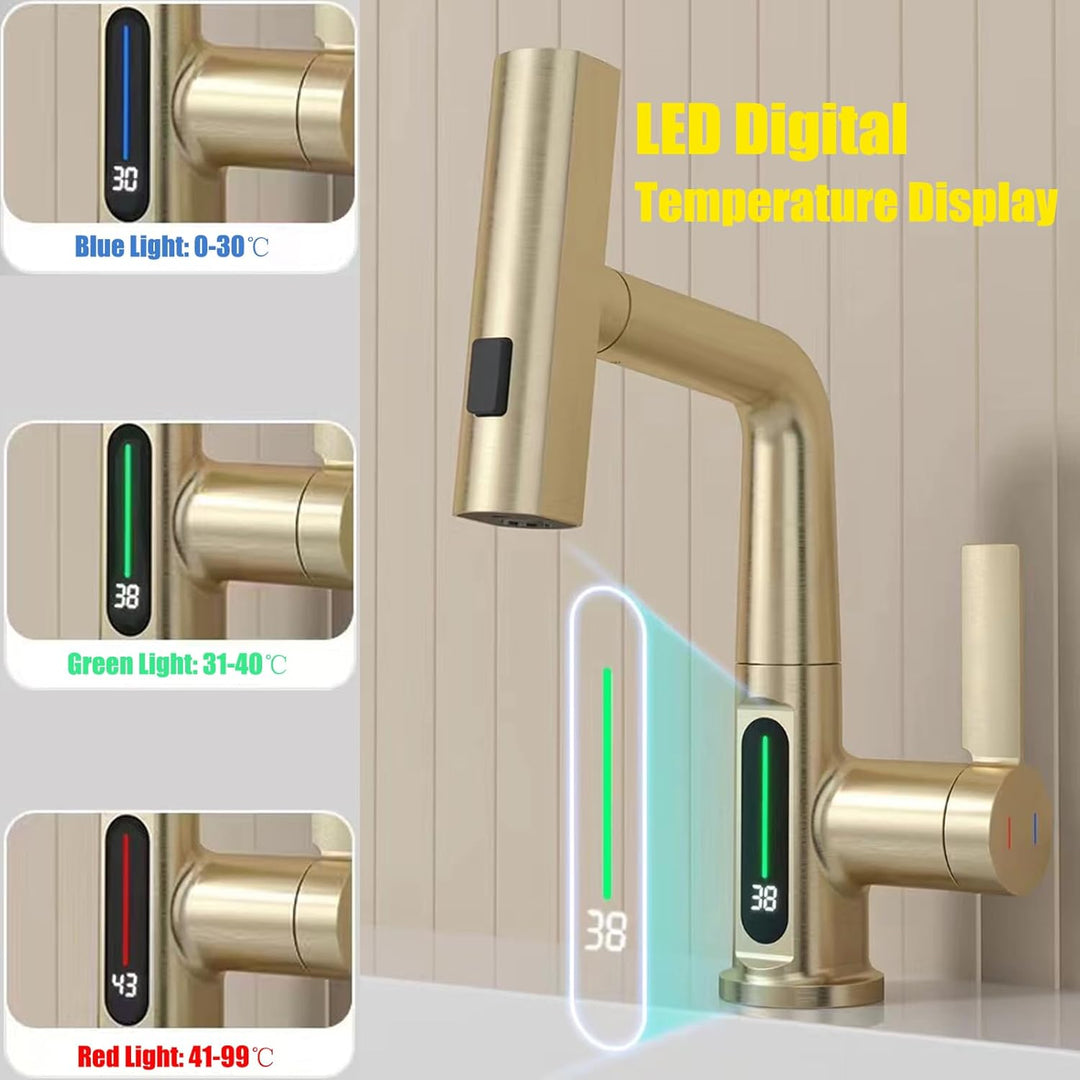 Wasserhahn Bad/Küche mit Ausziehbar Brause, LED Temperaturanzeige Waschtischarmatur Badezimmer mit 3