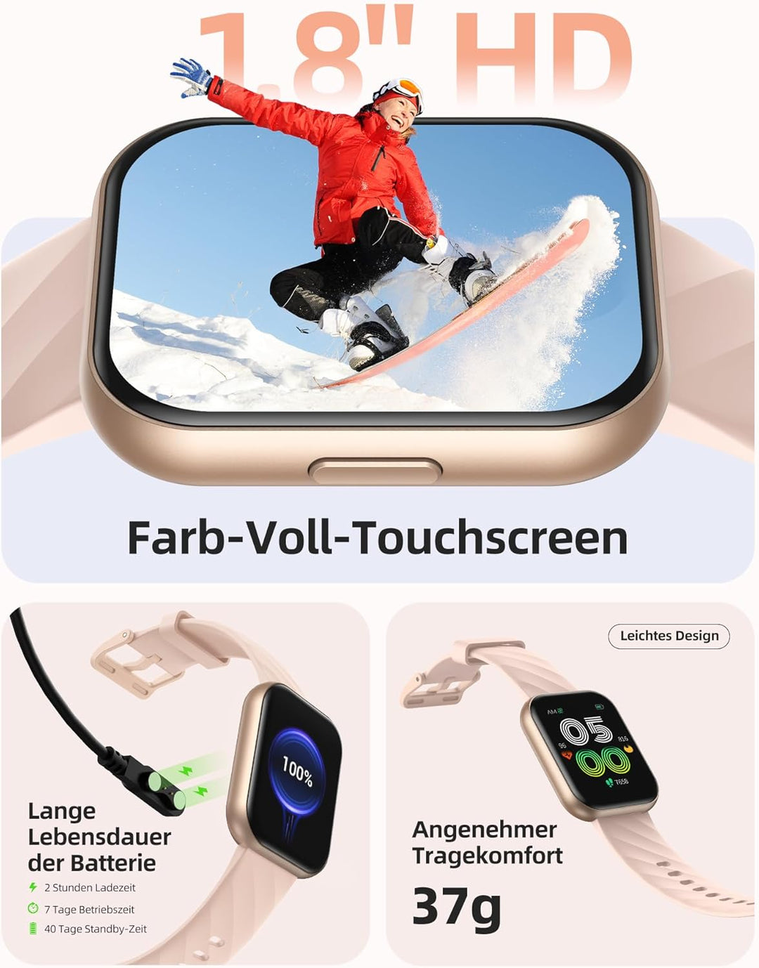 Parsonver Smartwatch Damen mit 5ATM Wasserdicht, Sportuhr zum Schwimmen, 1,8" HD Fitnessuhr Damen mi