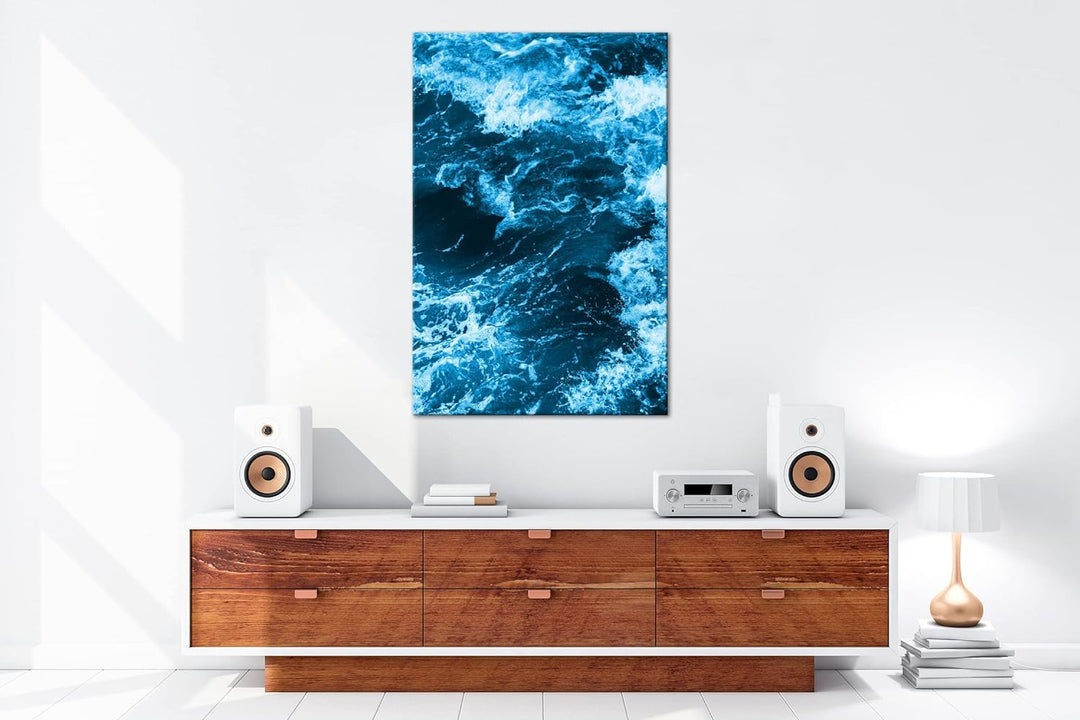 deyoli stürmische Wellen Format 100x70 Effekt: Monocrome Blau als Leinwandbild, Motiv fertig gerahmt
