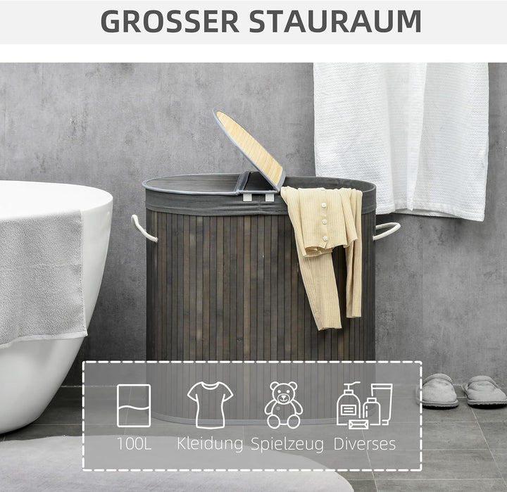 HOMCOM Bambus Wäschekorb mit Deckel 100L Wäschesammler mit Griffen, 2 herausnehmbarer Wäschesack, Wä