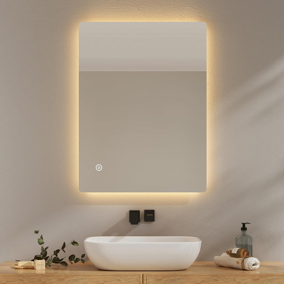 EMKE Badspiegel mit Beleuchtung 60x80cm, Badezimmerspiegel mit Beschlagfrei, 3 Lichtfarben dimmbar,