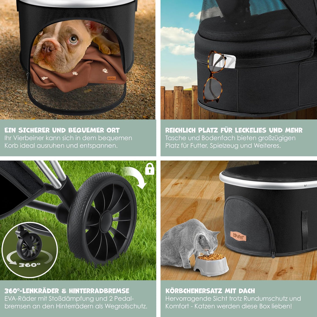 LOVPETยฎ Hundewagen 3in1 Hundebuggy Hundebox Transporttasche 360ยฐ Grosse Rรคder Faltbar klappbar Haust
