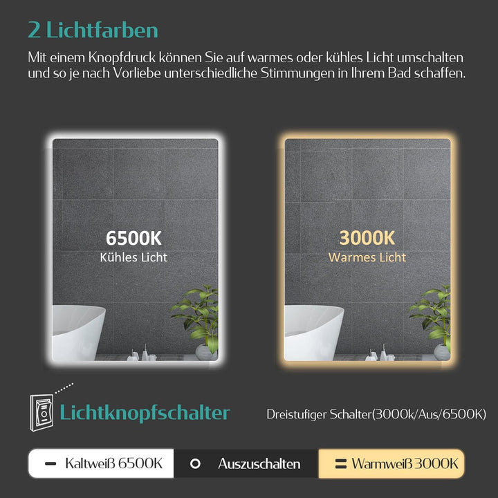EMKE Spiegel mit Beleuchtung 60x50cm, badspiegel mit Beschlagfrei und 2 Lichtfarbe Warmweiss/Kaltwei