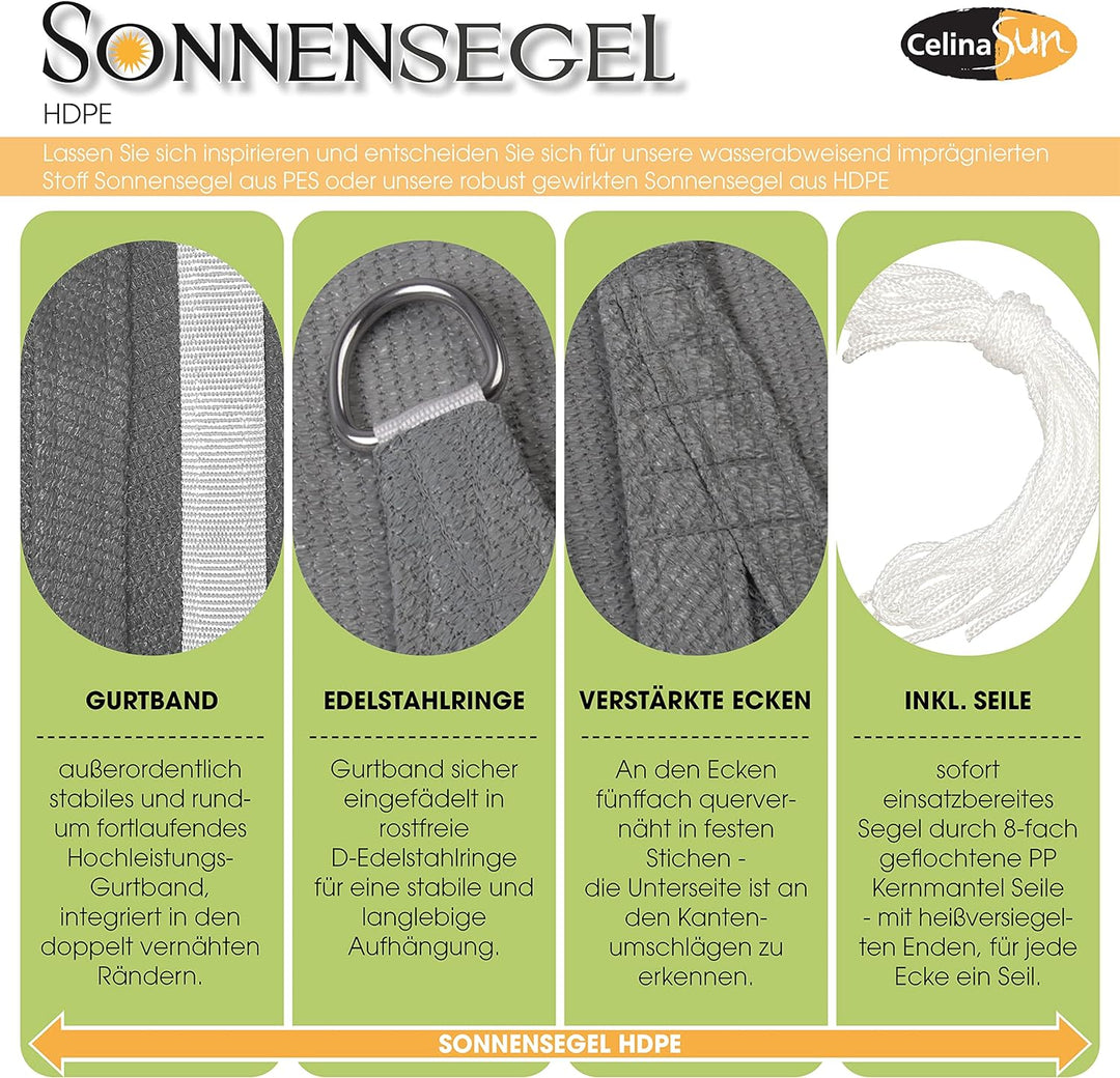 CelinaSun Sonnensegel inkl Befestigungsseile Premium HDPE wetterbeständig atmungsaktiv Quadrat 3,6 x