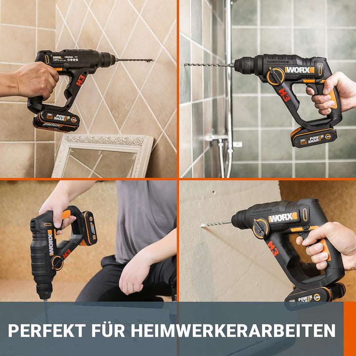 WORX WX390 Bohrhammer SDS-plus - 20V Bohrmaschine mit pneumatischem Hammerwerk zum Schrauben, Bohren