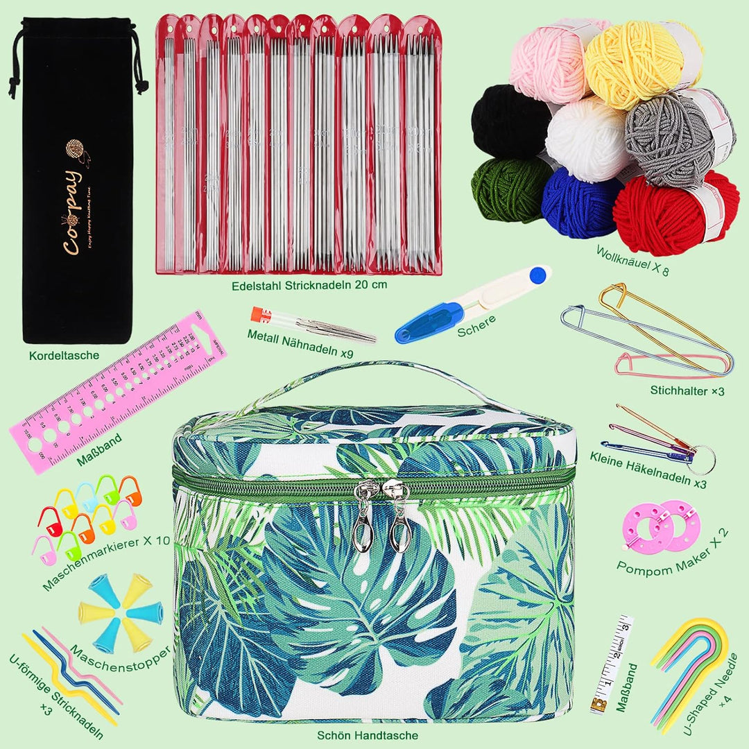 Coopay Stricknadeln Set, 55 Stück Edelstahl Doppelspitzen Stricknadel Set mit Wolle, Strickzubehör u