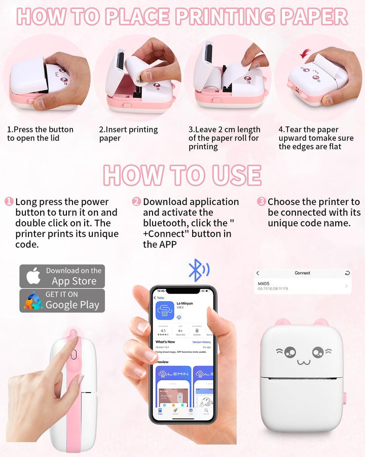 Zounin Mini Drucker, Tragbarer Fotodrucker, Smartphone Bluetooth Drucker (PINK), PINK