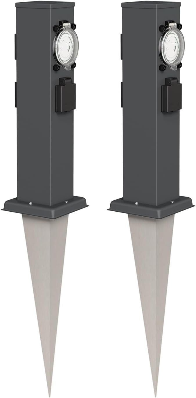 ledscom.de 2X Garten-Steckdosen-Säule Polly mit Erdspiess für aussen, IP44, 3-Fach mit Timer/Zeitsch