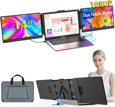 Kwumsy Tragbarer Monitor Für Laptop-14 Zoll FHD 1080p Dual Triple Screen Extender, Plug & Play Kein