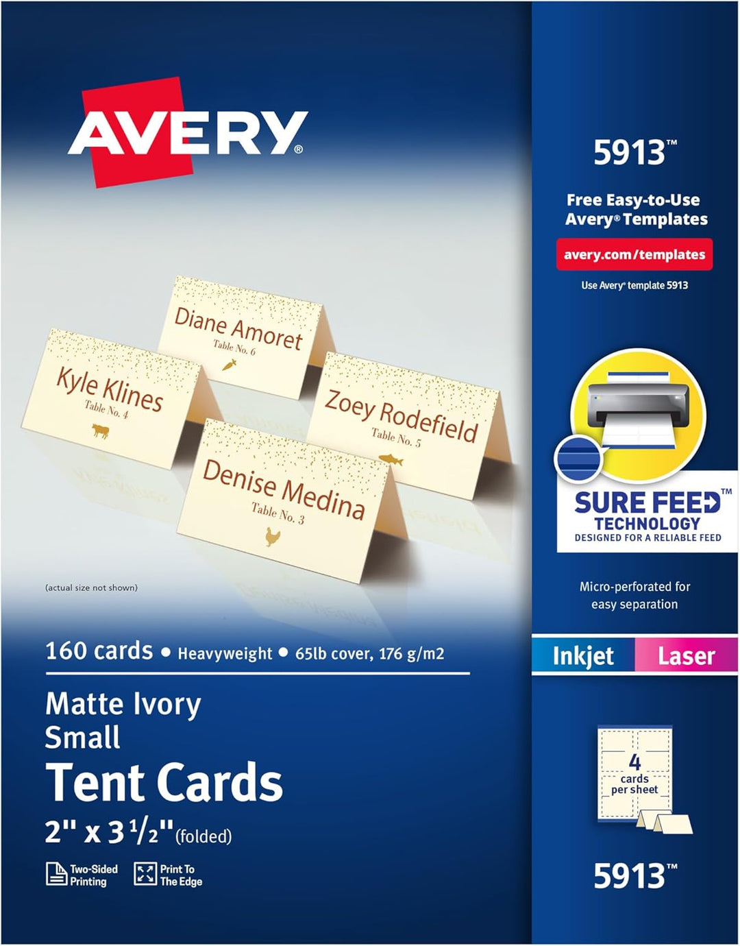 AVERY Bedruckbare kleine Zeltkarten mit Sure Feed Technologie, 5,1 x 8,9 cm, Elfenbein, 160 leere Ti
