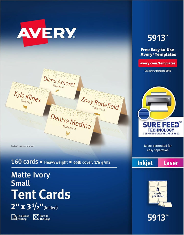 AVERY Bedruckbare kleine Zeltkarten mit Sure Feed Technologie, 5,1 x 8,9 cm, Elfenbein, 160 leere Ti