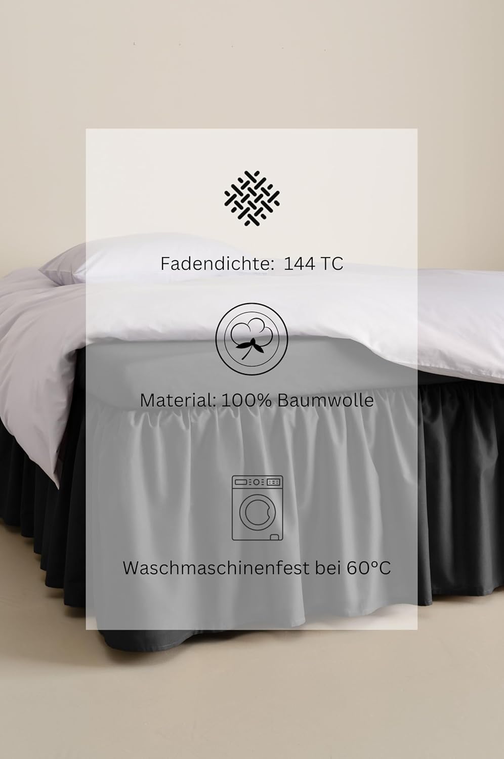 Jotex Zack Volant Betthusse - 100% hochwertige Bio-Baumwolle Bettrock, Höhe 60 cm - Grauschwarz, 180