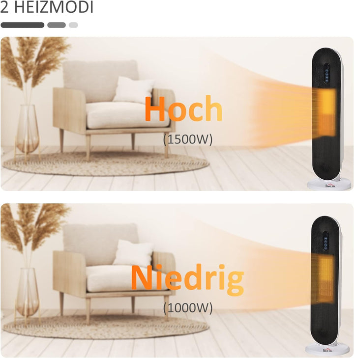 HOMCOM Heizgerät Heizlüfter 2000W Elektroheizer Keramik Heizturm mit Fernbedienung 24-Stunden-Timer