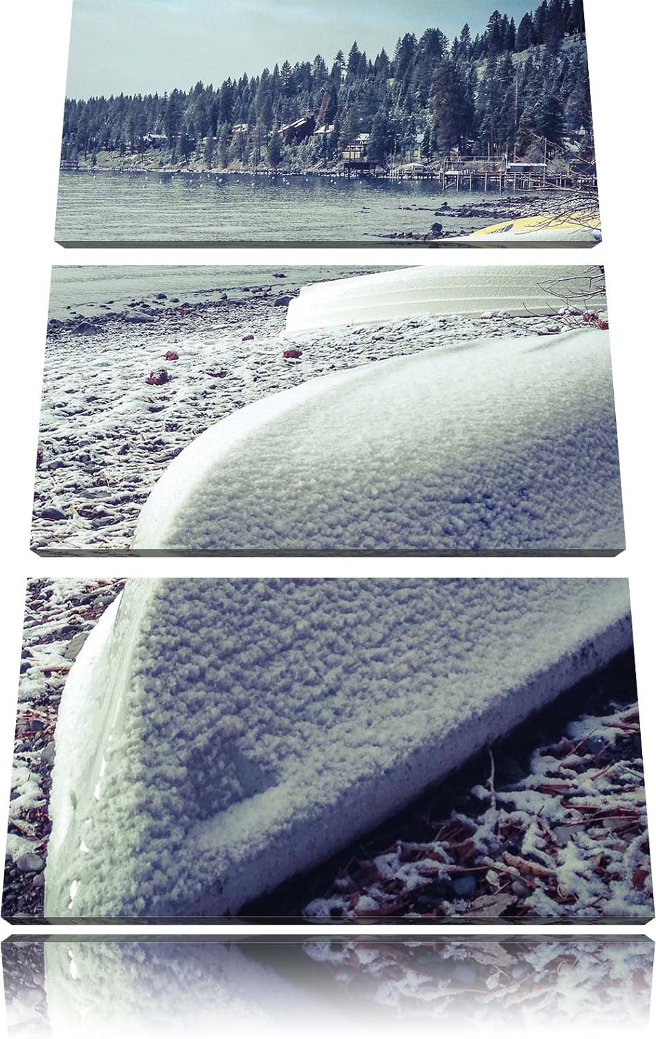 Pixxprint zugeschneite Boote im Winter 3-Teiler Leinwandbild 120x80 Bild auf Leinwand