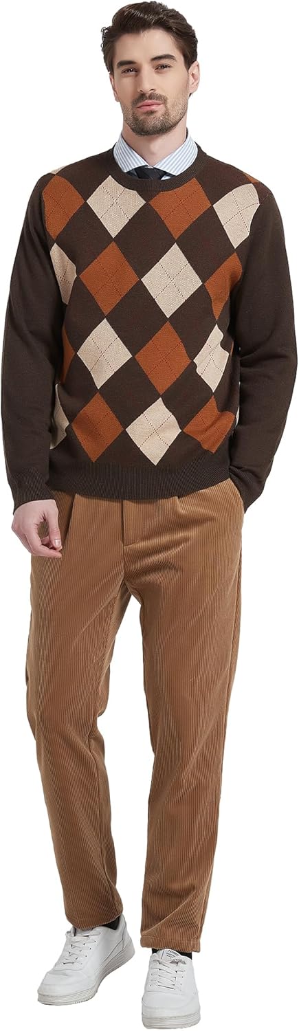 Kallspin Herren Wollmischung Strickpullover Argyle Rundhalsausschnitt Pullover Sweater S Braun, S Br