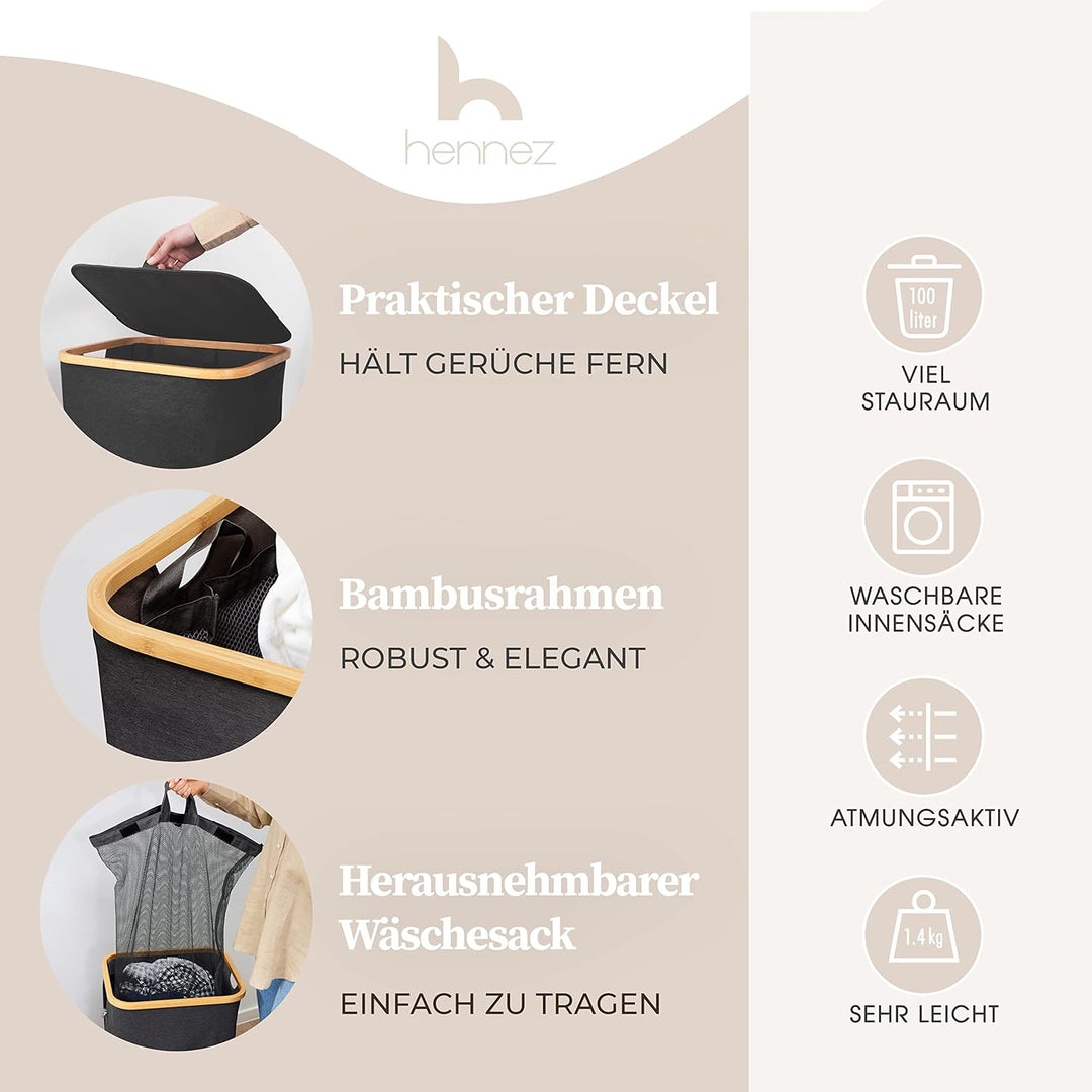 HENNEZ 100L Wäschekorb mit Deckel Grau - herausnehmbaren Wäschesack Wäschesammler schmal mit Deckel