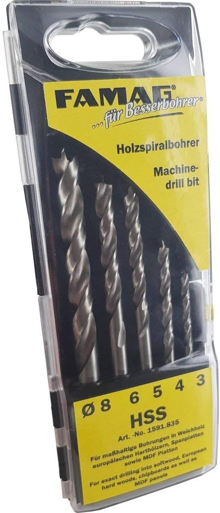 FAMAG Holzspiralbohrersatz 5-teilig D=3,4,5,6,8mm in Kassette Satz 5-tlg. D=3,4,5,6,8mm, Satz 5-tlg.