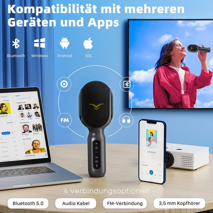 Karaoke Mikrofon, LED Drahtloses Bluetooth , Tragbare Kinder mit Musik Aufnahme, Begleitungsmodus, H