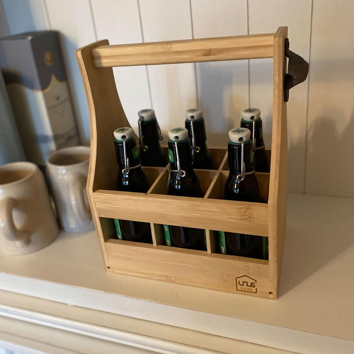UNUS Home Männerhandtasche aus Bambus Bier, Flaschenträger aus Holz für 6 Flaschen, Bierträger mit F