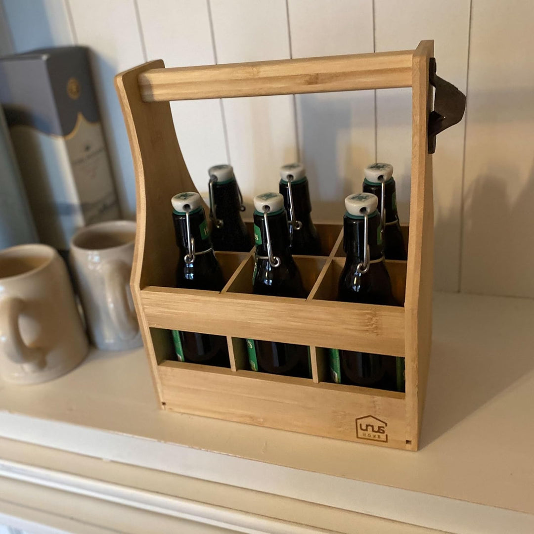 UNUS Home Männerhandtasche aus Bambus Bier, Flaschenträger aus Holz für 6 Flaschen, Bierträger mit F