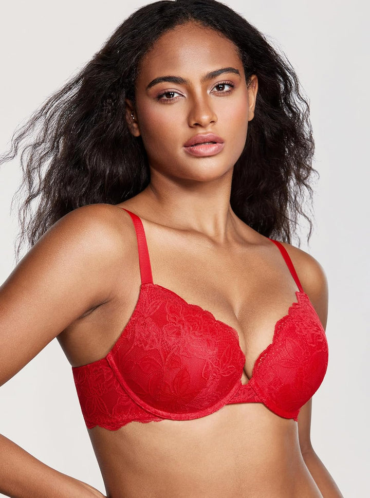 DOBREVA Damen Push Up BH Mit Spitze Gepolstert Plunge Bügel Vollschalen BHS Gemoldete Cups 90C Lippe