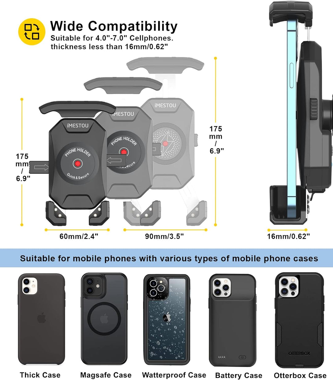 iMESTOU Motorrad Gabelschaft Telefonhalterung Wireless/USB C Ladegerät mit 1" Kugel Passend für Duca