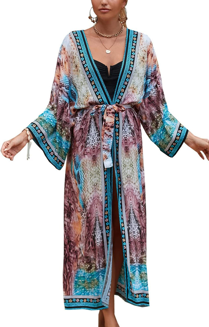 YouKD Damen Bohemian Cardigan Maxikleid Strand Vertuschung Robe Lange Kimono Robs One Size Einheitsg