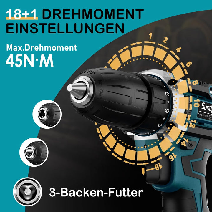Sundpey Akkuschrauber 21V Akku Bohrmaschine - Akku Bohrschrauber mit 2x2000mAh Akku, 45 N.m Max, 2-G