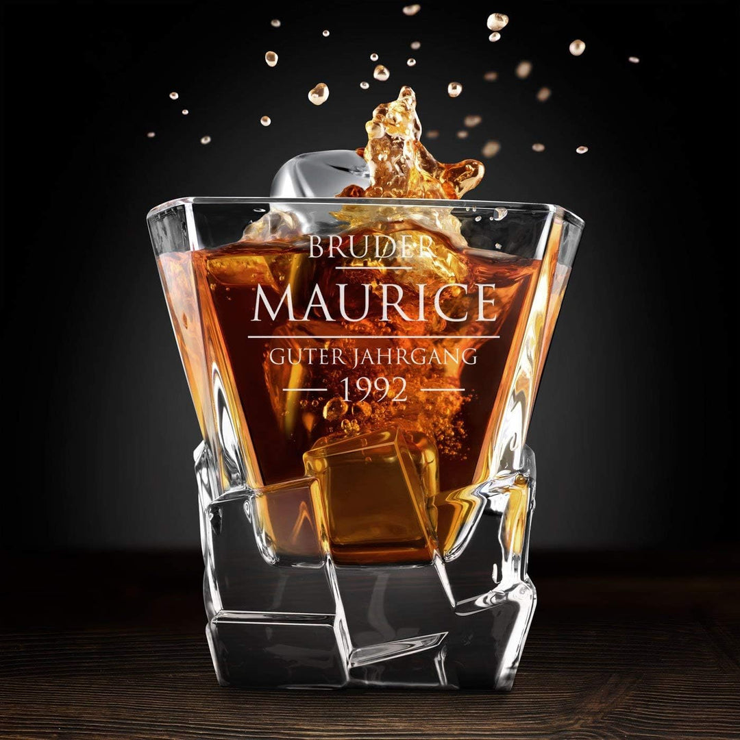 Maverton Whisky Steine Set - in Holzbox mit Gravur - 8 Eiswürfel + 2 Whisky Gläser + Zange + Samtbeu