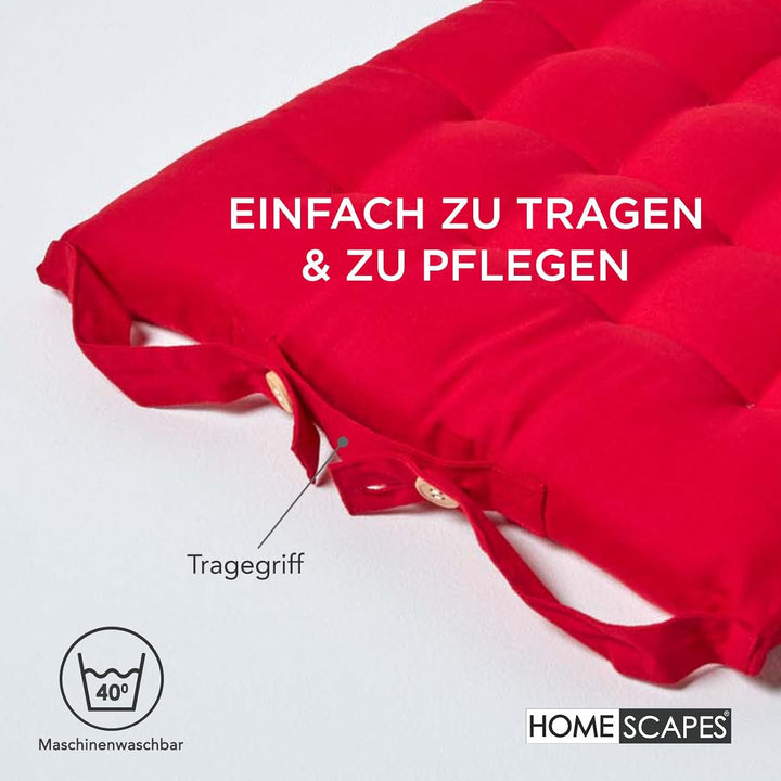 Homescapes 6er Set Stuhlkissen 40 x 40 cm, rot, Sitzkissen mit Bändern und Knopfverschluss, einfarbi