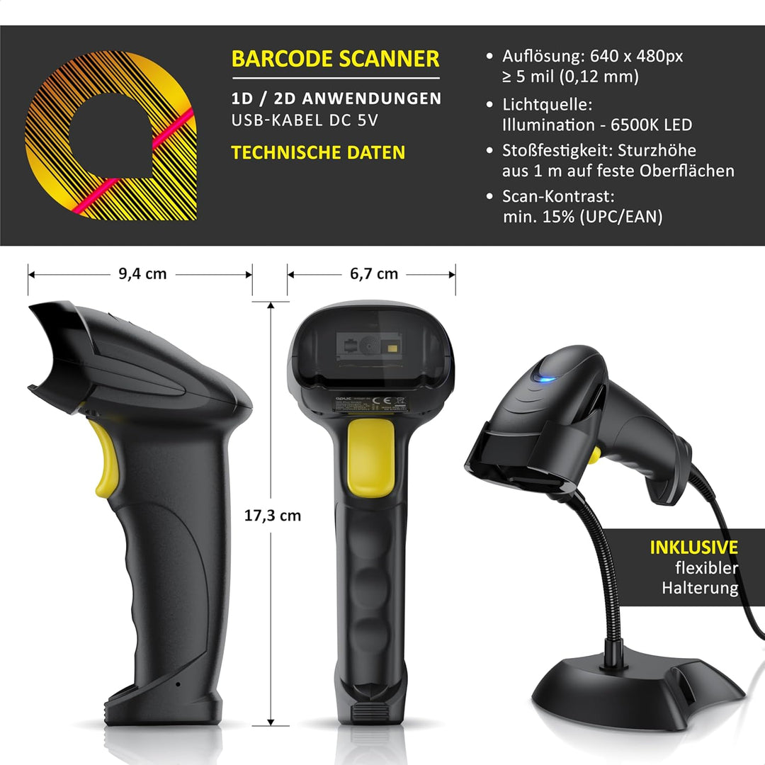 CSL - Barcode Scanner 1D 2D QR kabelgebunden – Single und Multi Scan - Bildschirm scannen - QR-Code