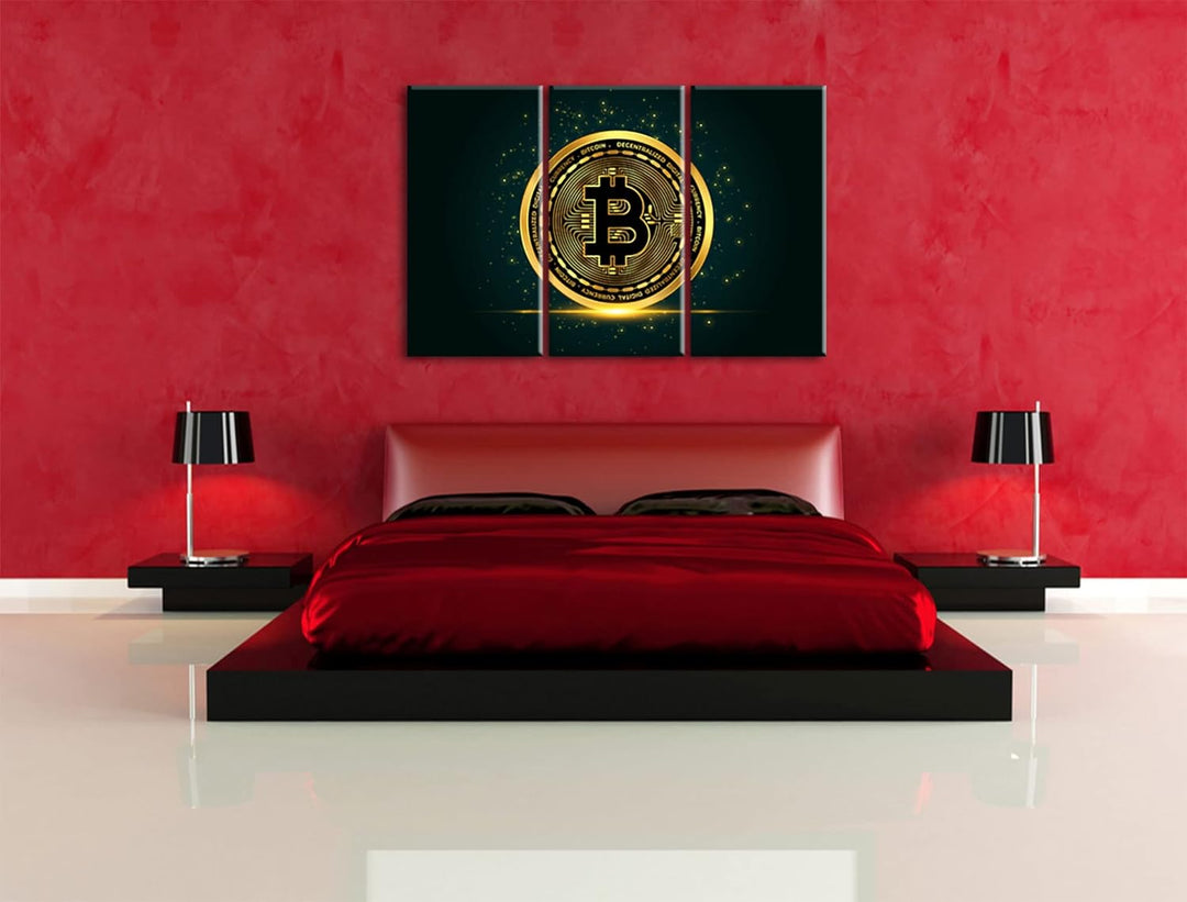funkelnder Bitcoin BTCals Leinwandbild 3 teilig | Grösse: 120x80 cm | Wandbild | Kunstdruck | fertig