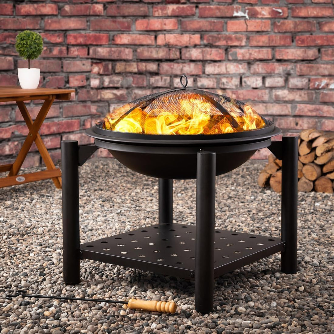 GARDEBRUK® Feuersschale mit Funkenschutz Rund Ø55cm Schürhaken Ablagefach Stahl Schwarz Terrasse Gar