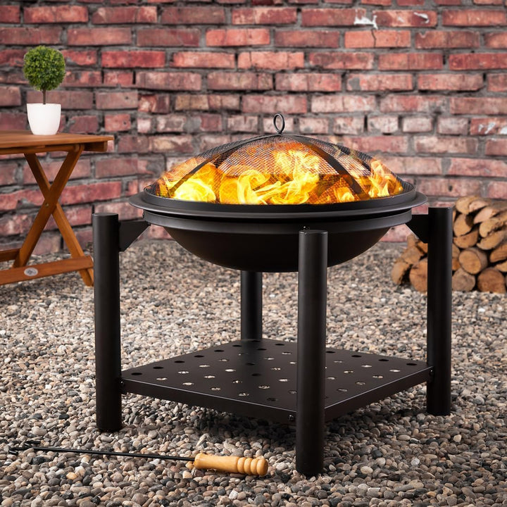 GARDEBRUK® Feuersschale mit Funkenschutz Rund Ø55cm Schürhaken Ablagefach Stahl Schwarz Terrasse Gar