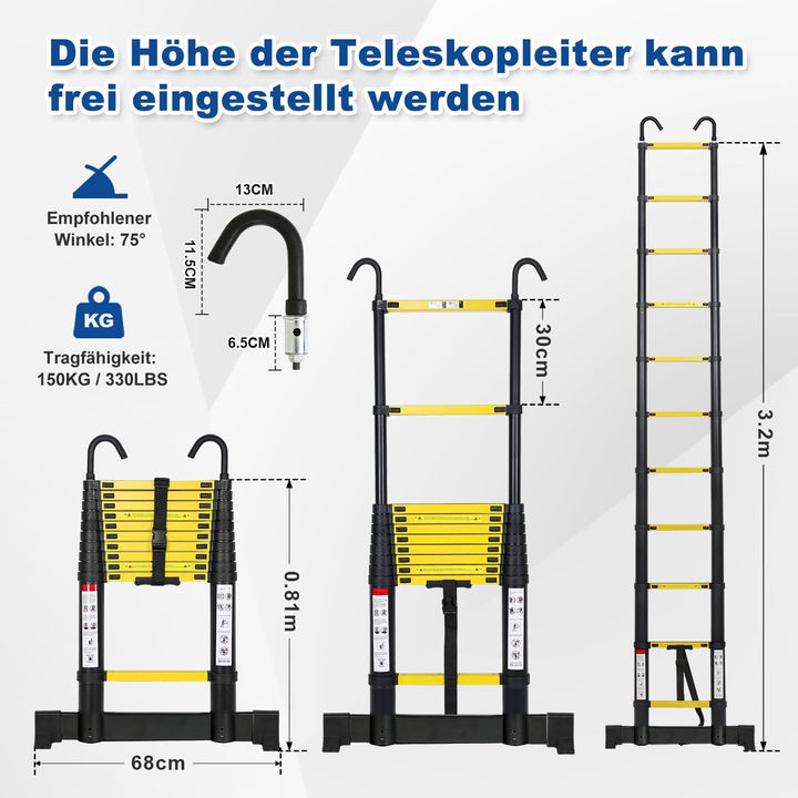 Aluminium Teleskopleiter 3.2M, Ausziehbare Leiter mit Stabilisator und Abnehmbaren Haken, Rutschfest