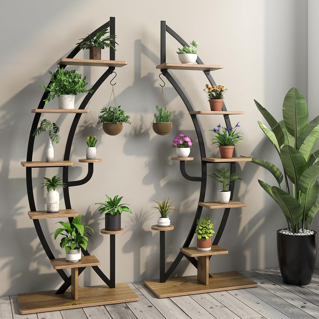 HOMASIS 6 Ebenen Blumenständer aus Metall, Pflanzenregal mit 7 Ablagen & 1 Haken, elegante Halbmondf