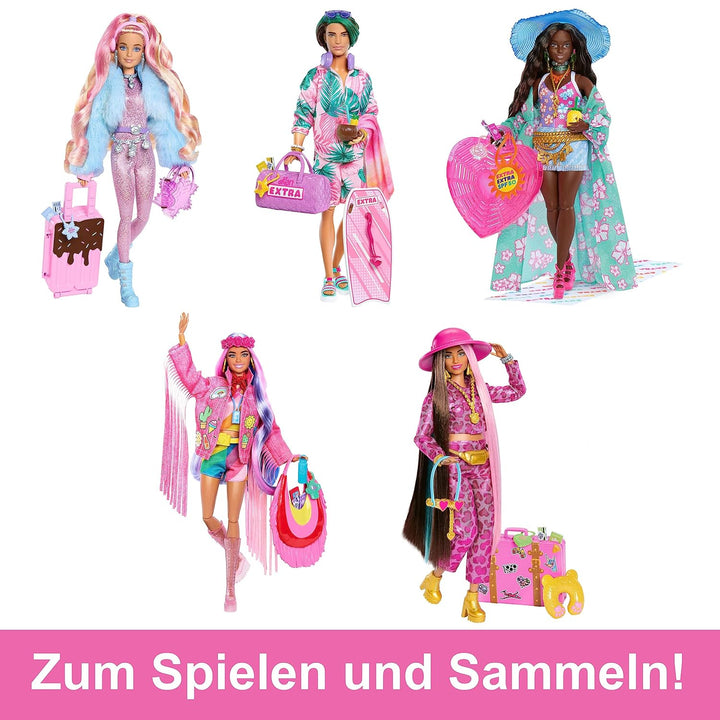 BARBIE Extra Fly - Reisepuppe mit Strandmode und Zubehör, beweglicher Körper, tropischer Badeanzug,